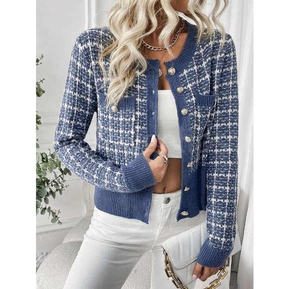 Blue Plaid Button Up Cardigan Knit Long Sleeve Stretchy - Picture 5 of 8